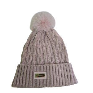 Guess Blush Pink CableKnit Logo Pom Pom Beanie One Size